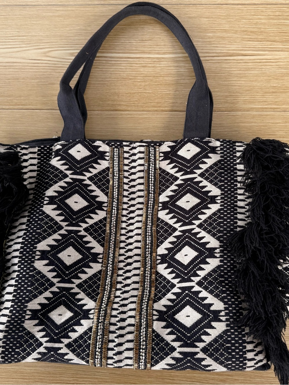 Black & Cream Aztec Fringe Tote Bag